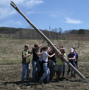 Students raise a hop pole at Hoppy Valley Organics.