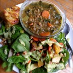 A final No Impact Week celebration featured a wholesome student-cooked meal of hearty lentil vegetable soup, spinach salad with roasted vegetables and avocado dressing, onion and cheese cornbread, and Swedish apple cake.