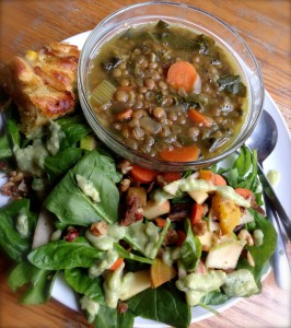 A final No Impact Week celebration featured a wholesome student-cooked meal of hearty lentil vegetable soup, spinach salad with roasted vegetables and avocado dressing, onion and cheese cornbread, and Swedish apple cake.