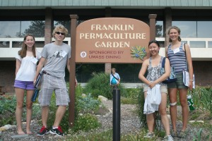 Lucy Bergwall ’15, Sara Clark ’15, Robin Gimm ’14, and Josh Morrison ’16 learned about permaculture at the University of Massachusetts Amherst in June, 2013.