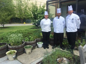 Assistant Catering Chef Charlotte Clark, Catering Cook James Godfrey , & Catering Chef Jim Guiden amidst the herbs on the patio of the Faculty House