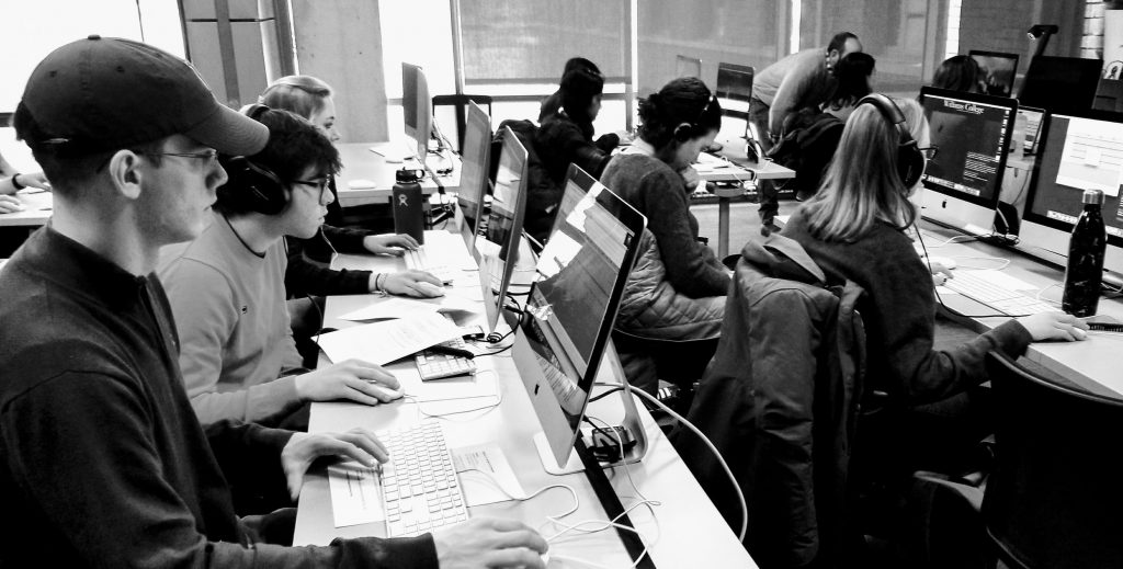 Students get trained on editing and soundmixing software.