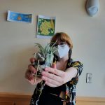Person with yellow hair holds out to the camera an air plant in a jar.