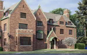 Front of brick building with green awnings