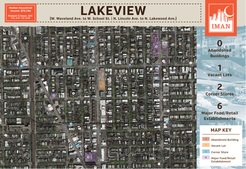  Aerial photo of the Lakeview neighborhood in Chicago highlighting the median income of ~$70k, violent crimes: 341, 0 abandoned buildings, 1 vacant lot, 2 corner stores, 6 major food/retail establishments