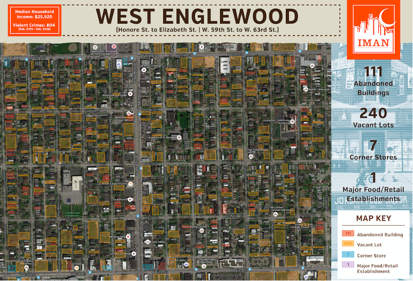 Aerial photo of the West Englewood neighborhood in Chicago highlighting the median income of ~$26k, violent crimes: 804, 111 abandoned buildings, 240 vacant lots, 7 corner stores, 1 major food/retail establishments