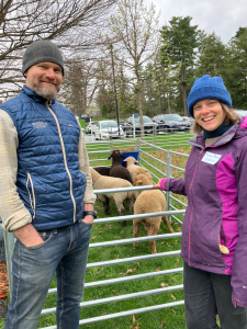 Man in blue vest and woman in pink coat stand smiling in front of a pen of sheep