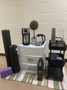Fan, foam rollers, plastic storage cabinet, and other items