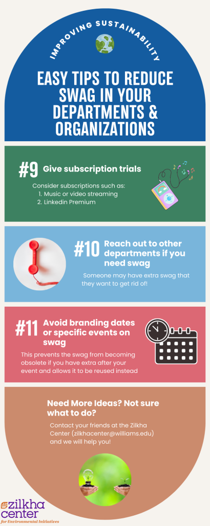 #9 Give subscription trials #10 Reach out to other departments if you need swag #11 Avoid branding dates or specific events on swag Need more ideas? Not sure what to do? Contact your friends at the Zilkha Center (zilkhacenter@williams.edu) and we will help you!