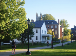 Picture of pathway and buildings surrounded by the lush green of early summer