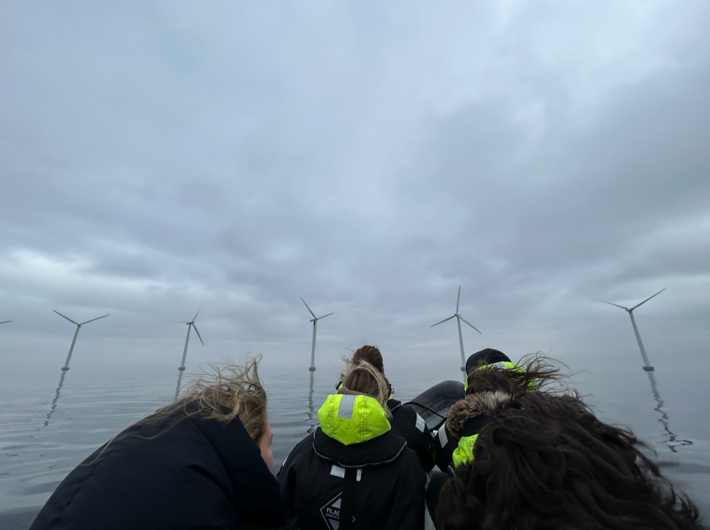 students looking at wind turbines