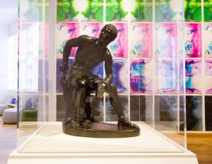 Photo of a sculpture at the WCMA Emancipation exhibit. John Quincy Adams Ward’s bronze sculpture The Freedman (1863). 