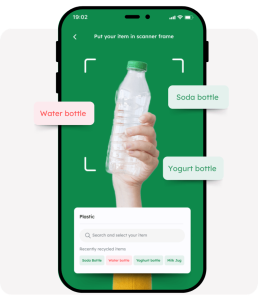 Smartphone with the ECGO app, the app has a picture of an empty plastic water bottle with the AI from ECGO labelling it as such 