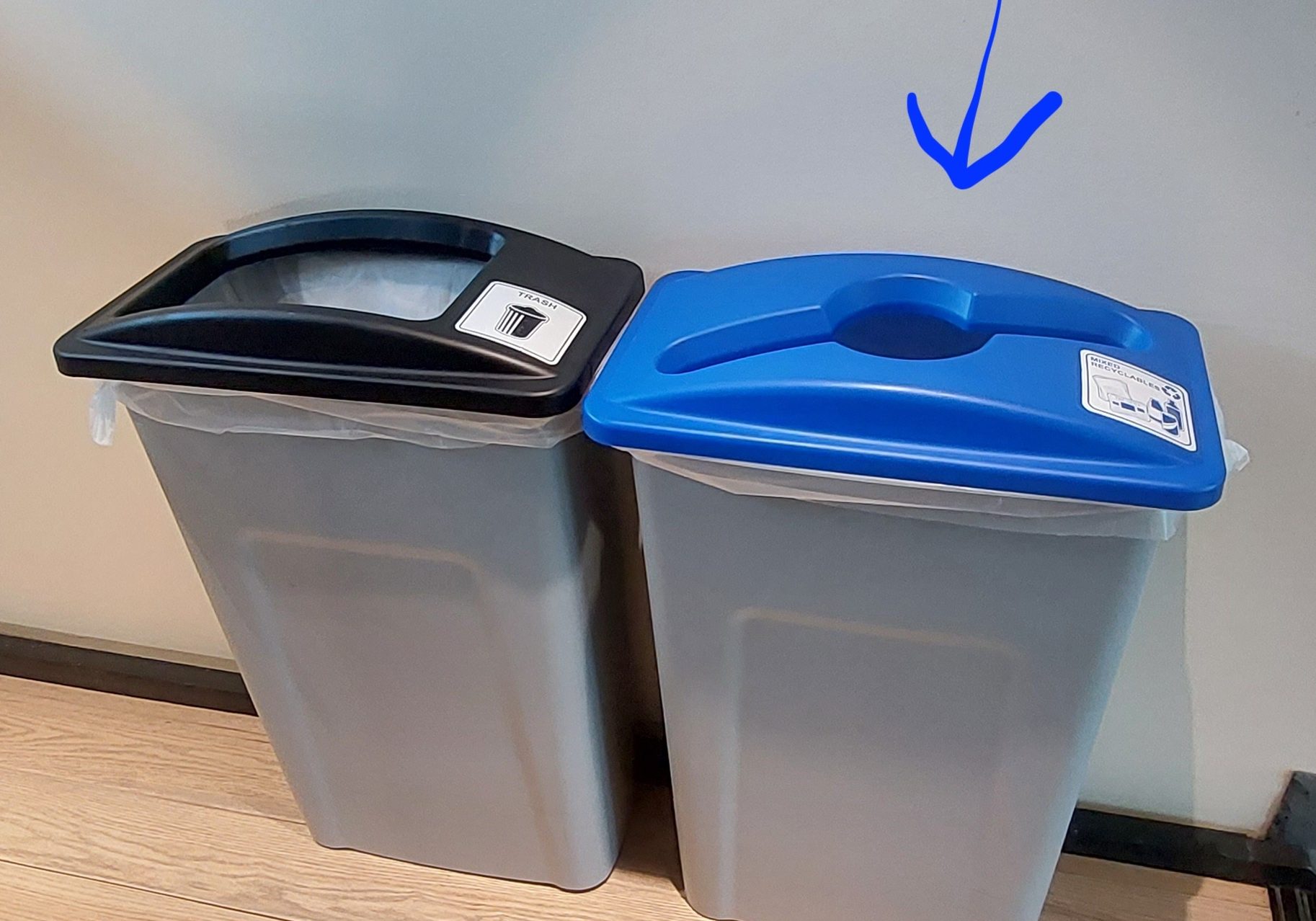 Image of a black trash bin and blue recycling bin, with an arrow pointing to the recycling bin