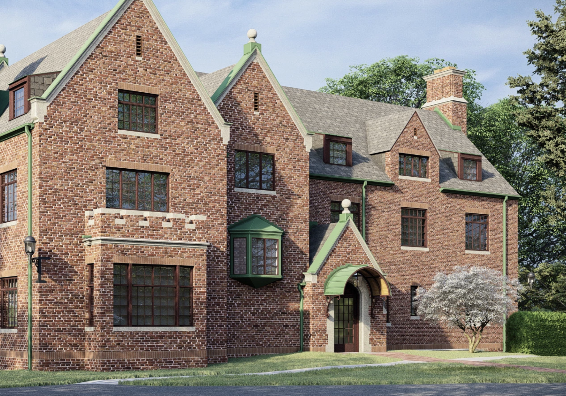 Front of brick building with green awnings